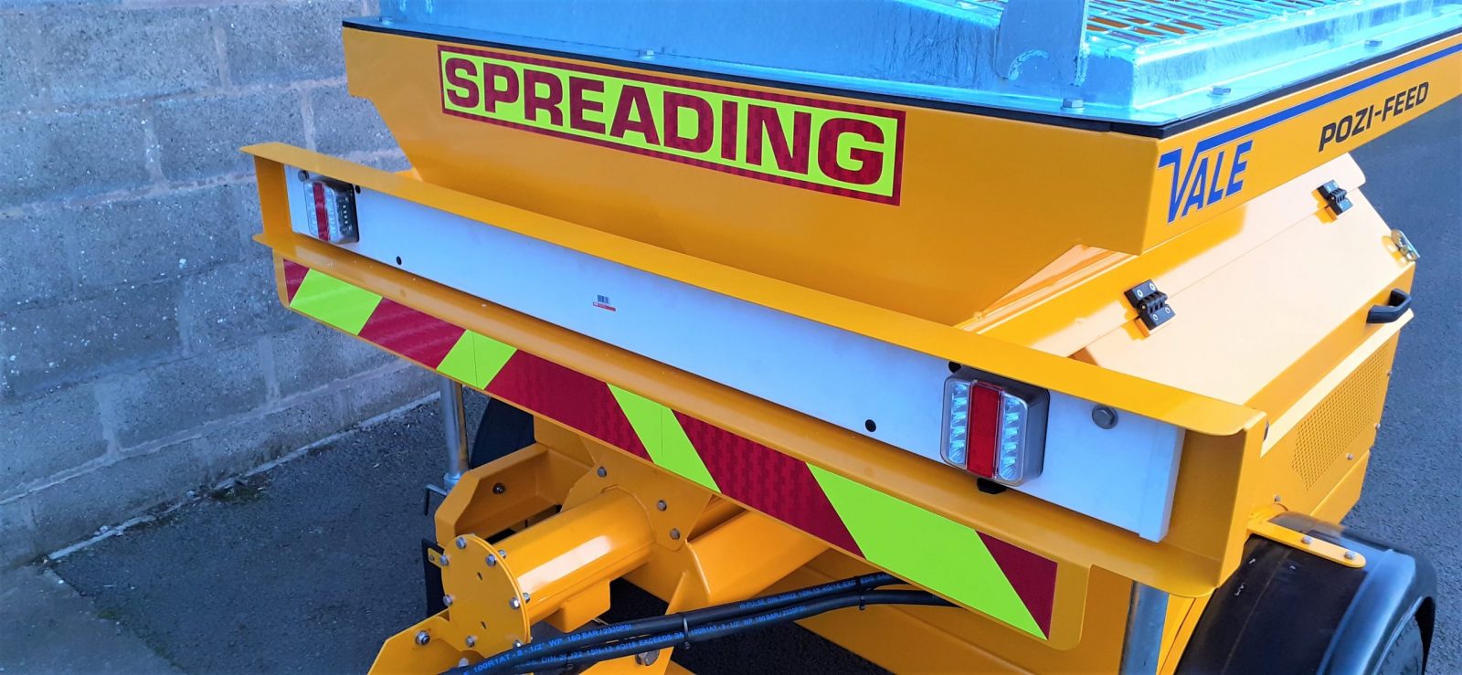 Fluorescent markings on the rear of the TS800DC Tug-Towed Salt Spreader
