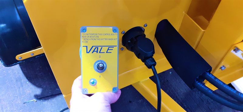 The TS800DC Tug-Towed Salt Spreader has a self-powered control box on a wander lead from the spreader to start and stop the spreading action