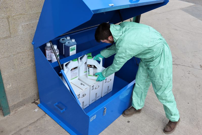 The VCS400 lockable chemical storage safe from VALE Engineering is fitted with a high-level shelf