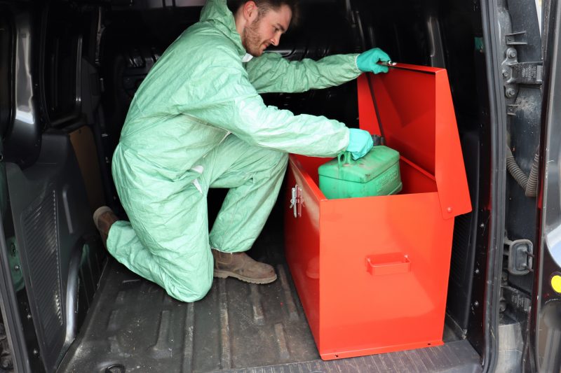 The VFSJC fuel storage box from VALE Engineering can be fixed to the floor of a pickup or van or installed within a building.