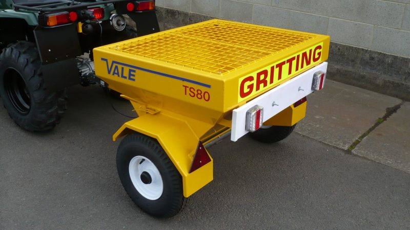 The ATV quad bike comes with VALE Engineering’s Towed Drop Gritter TS80