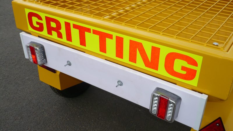 Towed or Mounted Drop Gritter TS80 has fluorescent markings on the rear and full road lighting with high quality LED lighting
