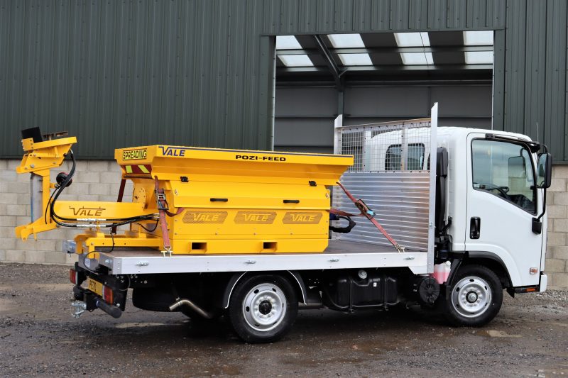 The versatile VALE DM800 Demount Salt Spreader, seen here in the up position