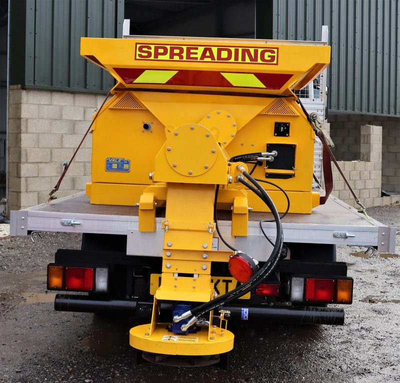 Rear view of the VALE DM800 Demount Salt Spreader ready for gritting
