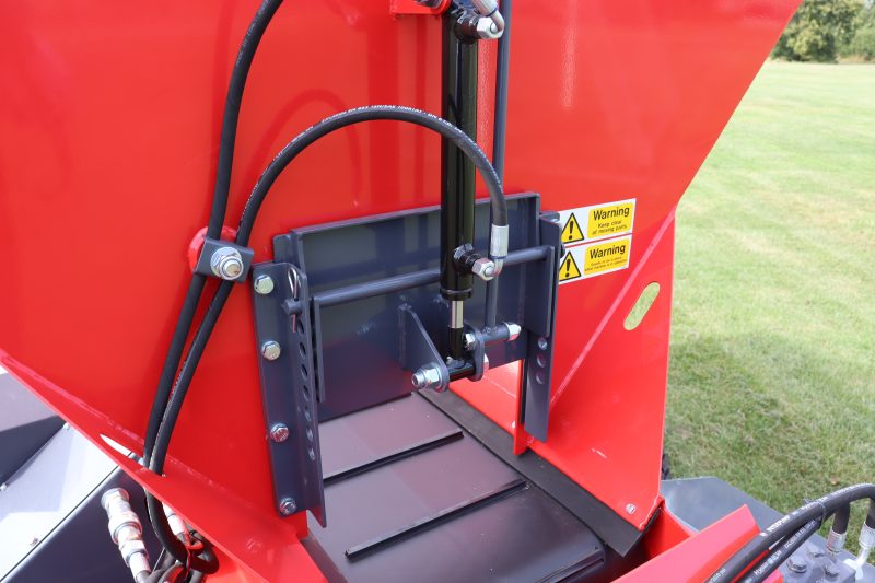 StarGreen TD1500T Trailed Turf Care Top Dresser from VALE Engineering showing multi position rear hydraulic back door/gate.