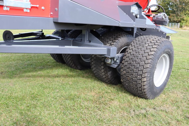 StarGreen TD1500T Trailed Turf Care Top Dresser from VALE Engineering features 4 inline turf tyres fitted on a floating axle.