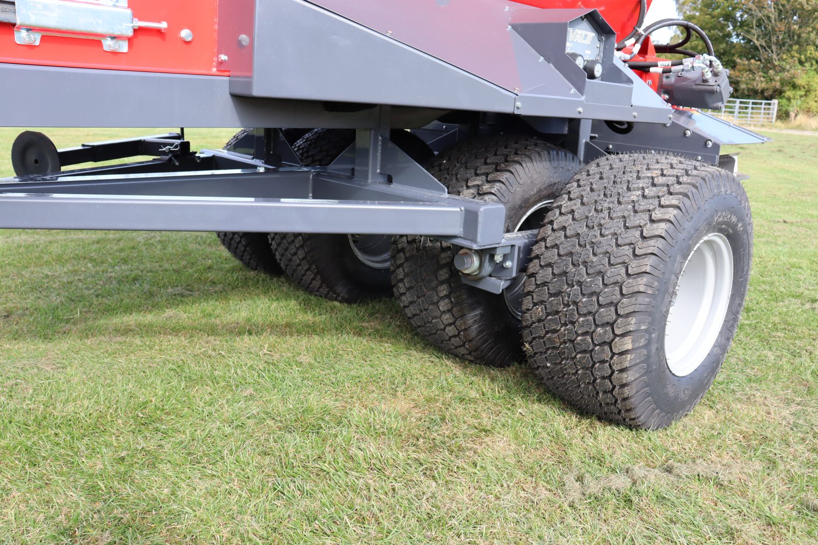 StarGreen TD1500T Trailed Turf Care Top Dresser from VALE Engineering features 4 inline turf tyres fitted on a floating axle.